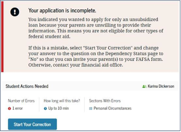 24-25 FAFSA Direct Unsub Loan Correction Step 1 Image