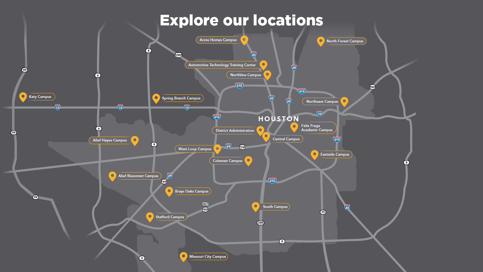 Explore our locations - Map of all HCC Campuses locations in Houston.